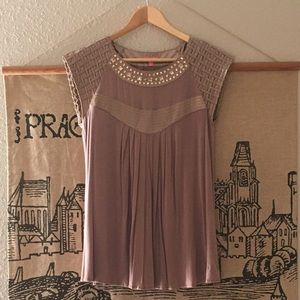 Mocha cap sleeve top with beaded collar